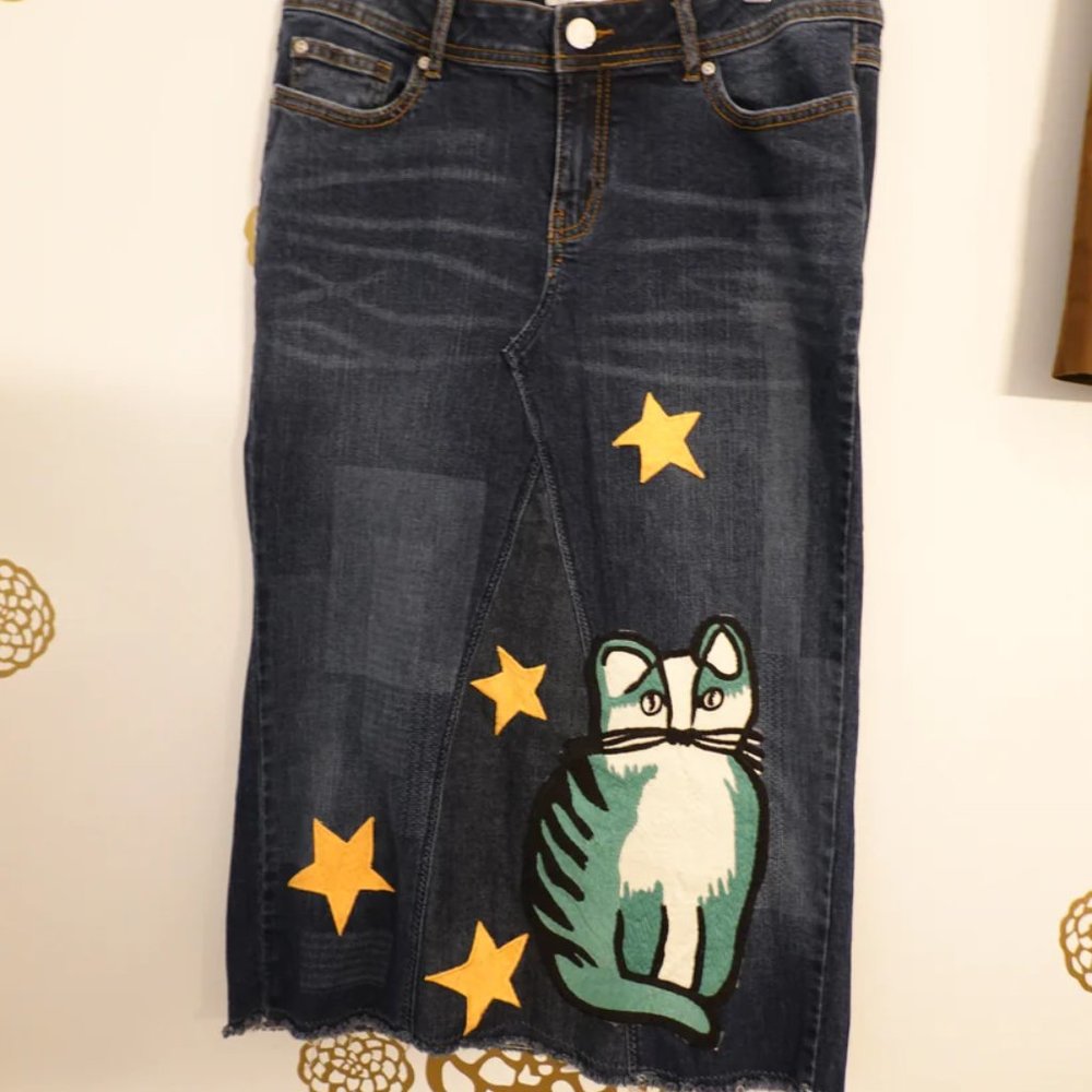 C Establish 1946 Y2K Cat & Stars Denim Patch Jean Skirt Size 12 (V…